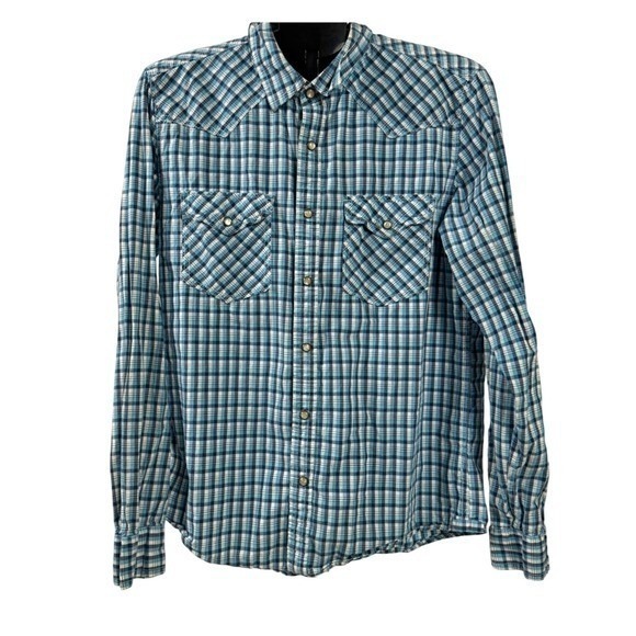 Aeropostale Other - Aeropostale Western Shirt Mens M Blue Plaid Pearl Snap Cowboy Button Down Cotton